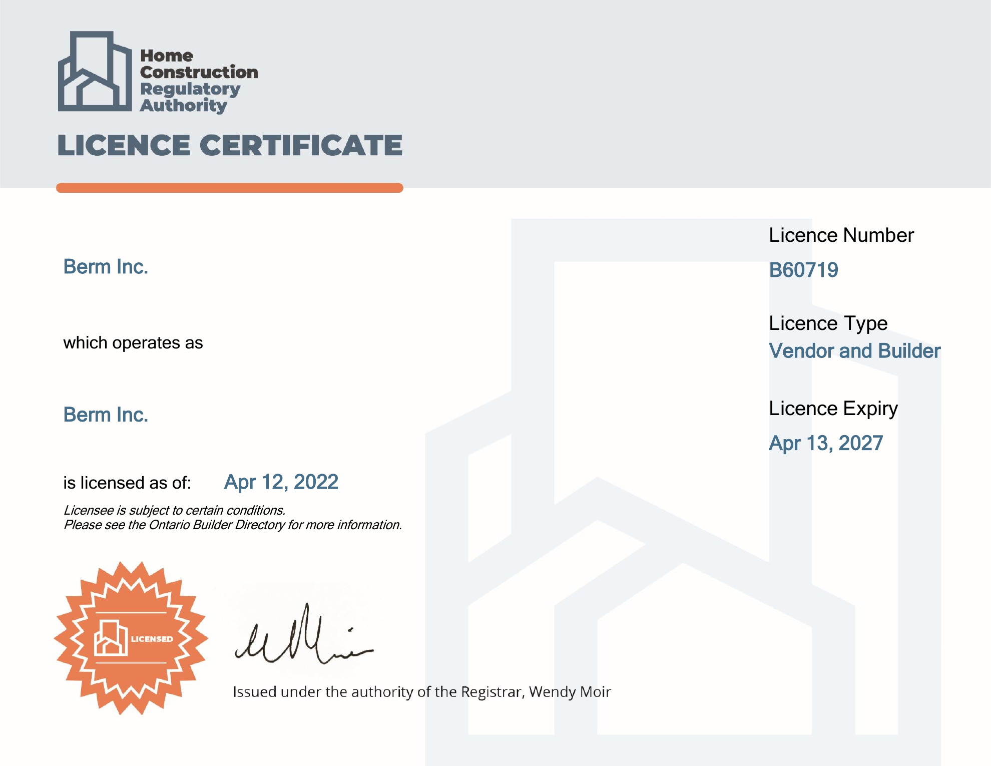 Berm Inc. HCRA licence certificate — Licence No. B60719, Vendor and Builder