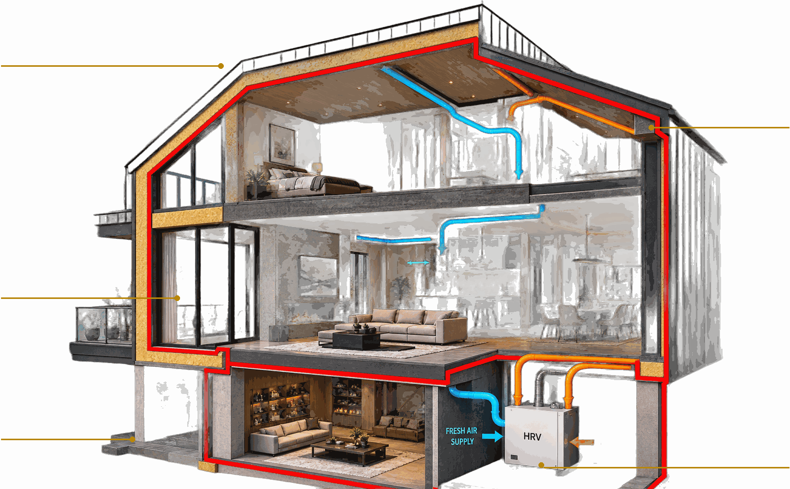 High-performance home cutaway — continuous insulation, airtight layer and balanced ventilation with heat recovery