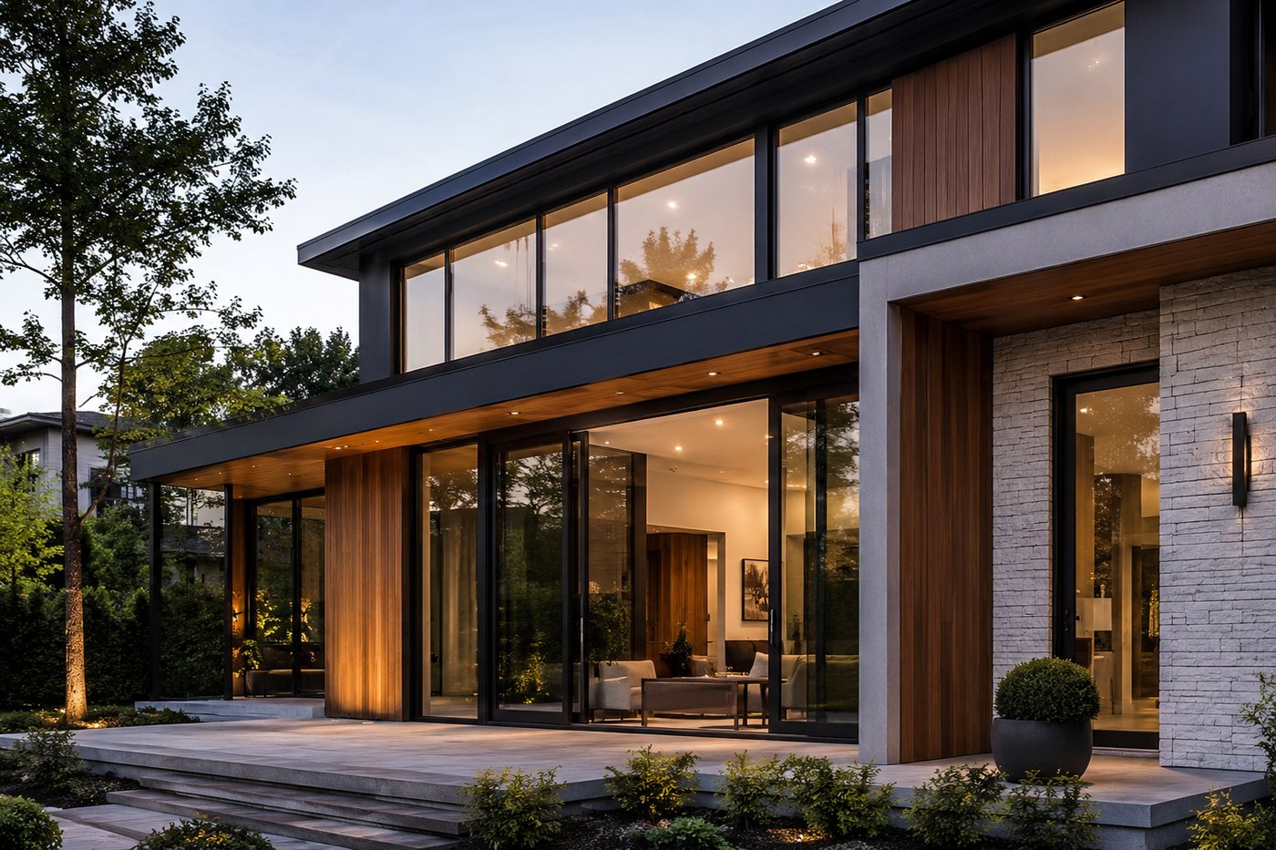 Modern home exterior at twilight — warm lit interior against a cool evening sky